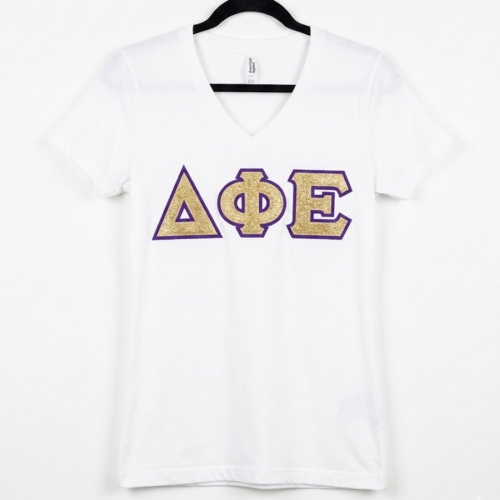 American Apparel Delta Phi Epsilon Sorority Letters T-Shirt White Gold Purple L